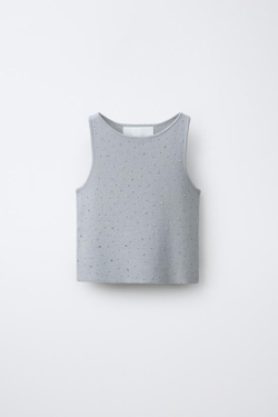 ZARA ТРИКОТАЖНЫЙ ТОП С БЛЕСТКАМИ, СЕРО/СИНИЙ