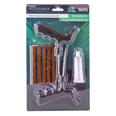 Набор инструментов для ремонта шин 8пр.(шило,протяжка,шнуры-5шт,клей), в блистере RockForce##Rock FORCE RF-904T8