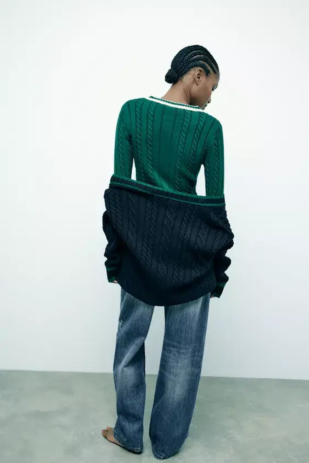 ZARA СВИТЕР С УЗОРОМ «КОСЫ», ЗЕЛЕНЫЙ