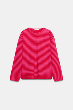 ZARA ФУТБОЛКА В ПОЛОСКУ ИЗ ХЛОПКА И ЛЬНА, РОЗОВЫЙ/ЛИЛОВЫЙ