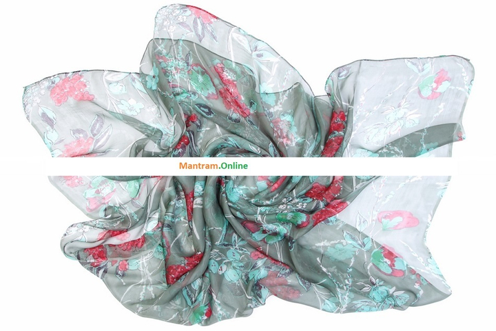 Палантин-парео Вискоза 100% (шифон) Красные цветы на зеленом фоне с листьями 110x170 см.