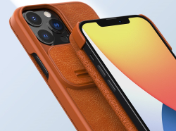 Коричневый чехол книжка от Nillkin для iPhone 13 Pro, серия Qin Pro Leather с защитной шторкой для камеры