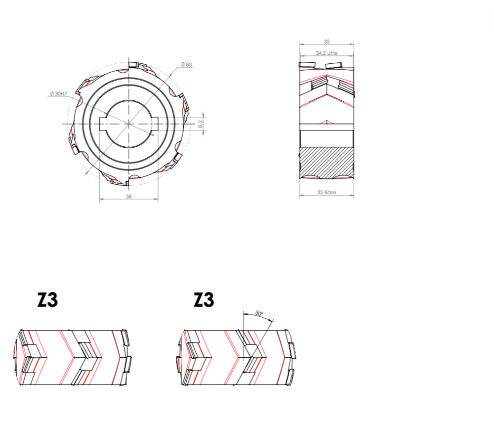 PCD фреза D.80x34x30+DKN Z=3+3 FC45° H=4 SYM
