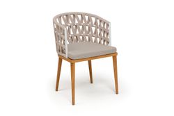 "Диего" стул плетеный из роупа, основание дуб каркас из стали белый муар, роуп бежевый круглый, ткань бежевая 052