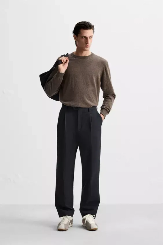 ZARA БРЮКИ ИЗ ХЛОПКА И ШЕРСТИ СО СКЛАДКАМИ, МОРСКОЙ СИНИЙ