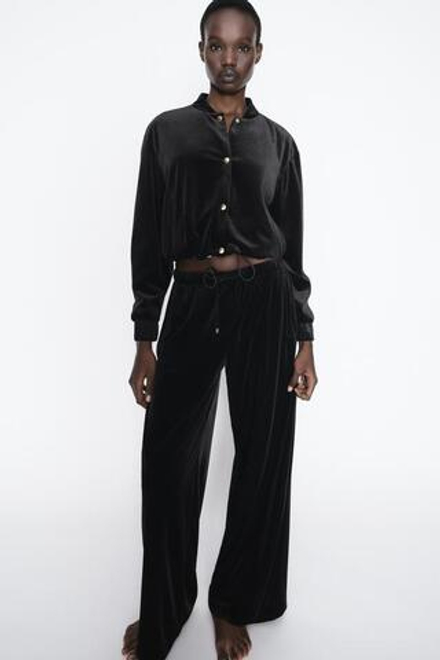 ZARA ШИРОКИЕ БАРХАТНЫЕ БРЮКИ, ЧЕРНЫЙ
