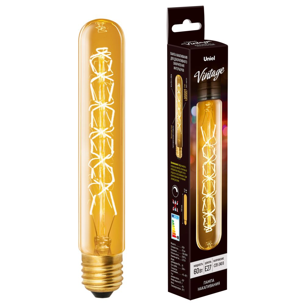 IL-V-L32A-60-GOLDEN-E27 CW01 Лампа накаливания Vintage. Форма цилиндр. длина 185 мм. Форма нити CW. Картон. ТМ Uniel