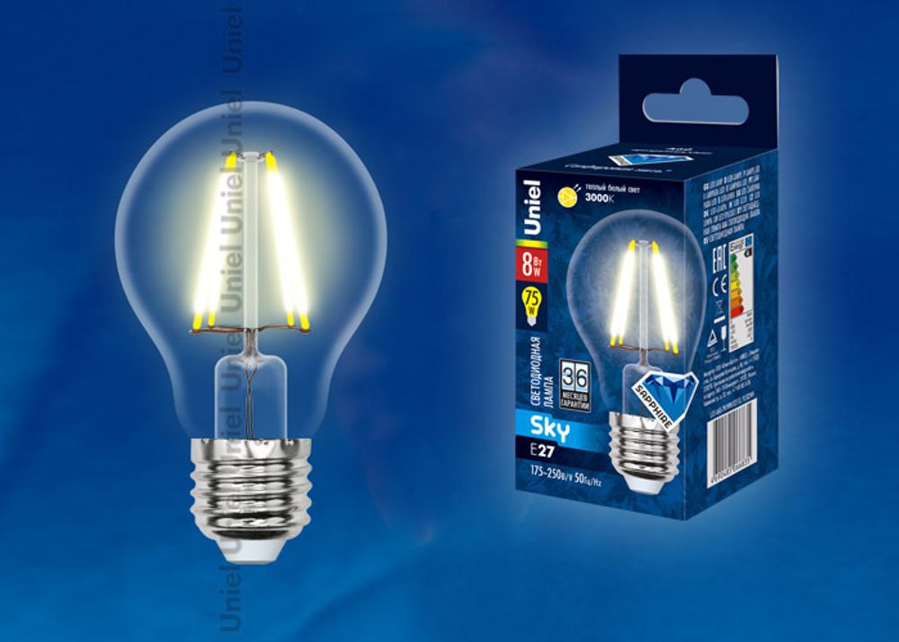 LED-A60-8W/WW/E27/CL PLS02WH Лампа светодиодная. Форма A, прозрачная. Серия Sky. Теплый белый свет. Картон. ТМ Uniel.