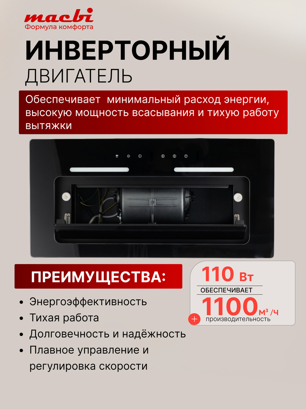 Вытяжка встраиваемая MWDC60TL WHITE Инвертор 1100м3/ч Черная, управление жестами, полновстраиваемая