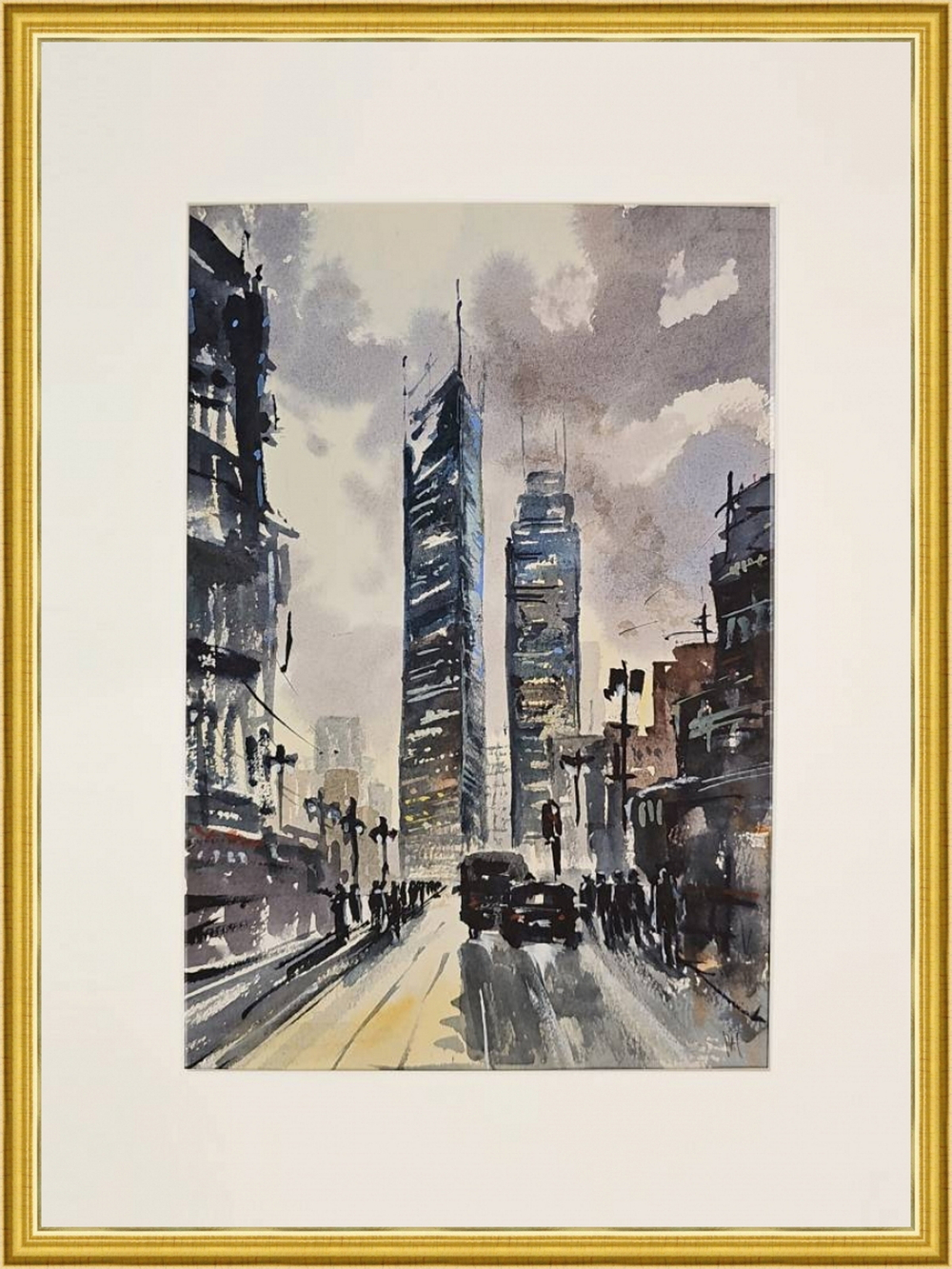 Картина авторская акварельная в паспарту 30х40 см на стену для интерьера "Урбанистический пейзаж"