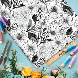 Ткань премиум шифон серо-белая цветочная фантазия