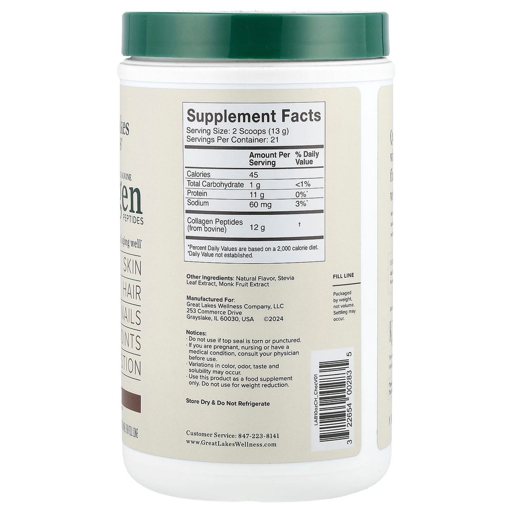 Great Lakes Wellness, Пептиды бычьего коллагена от травяного откорма, шоколад, 284 г (10 унций)