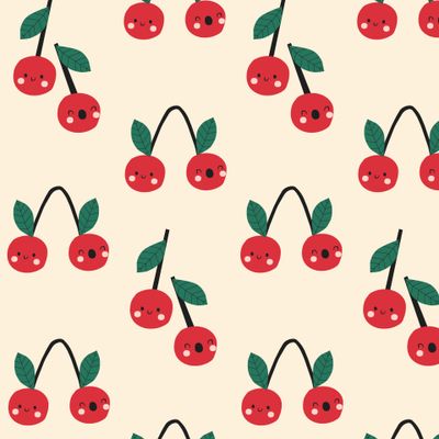 Узор с вишней. Яркие летние фоны в красных, кремовых и зеленых тонах.