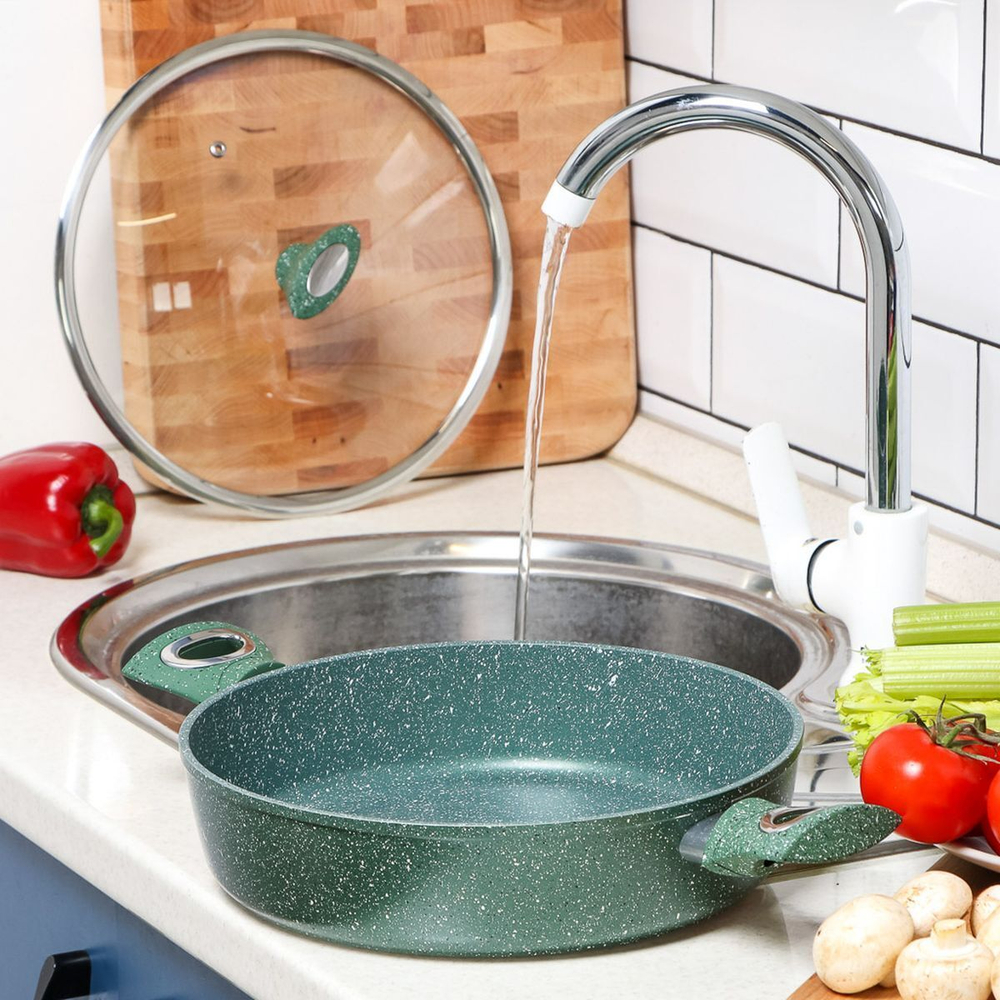 Сотейник алюминий, 28 см, антиприг, Daniks, Мрамор Олимп, зел, STWP-28-GRM-IND-LID, с крыш, индукц