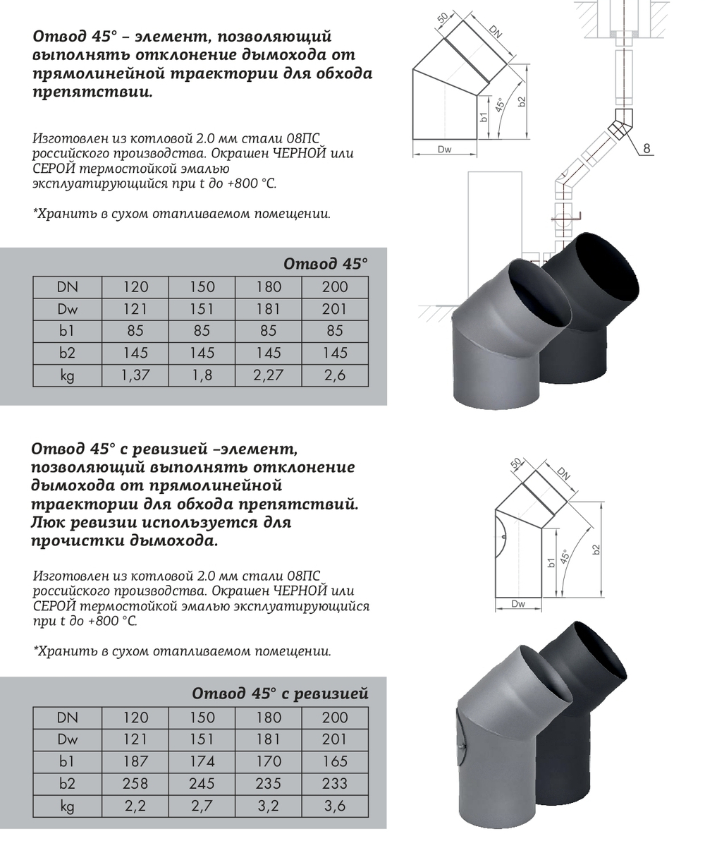 Отвод КПД чёрный 45° D150 мм (сталь 2 мм)