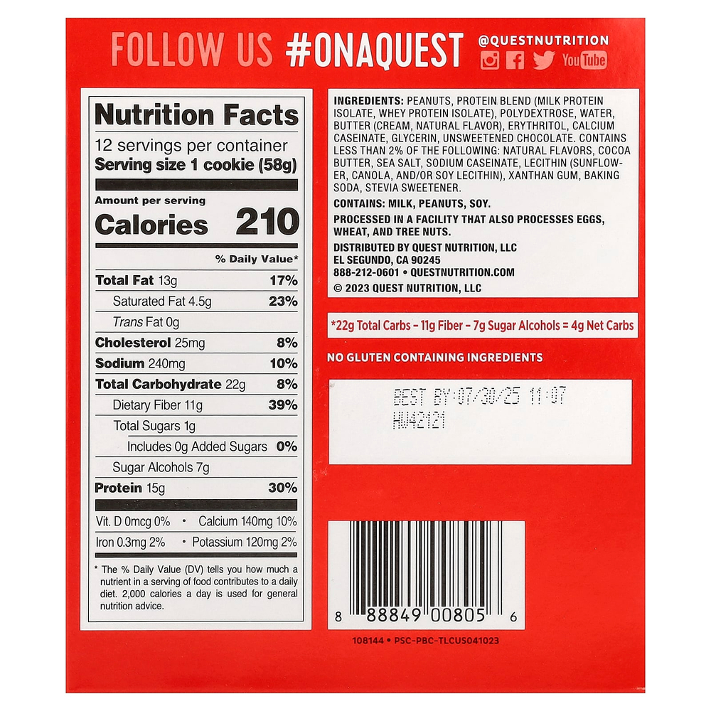 Quest Nutrition, Protein Cookie, арахисовая паста с шоколадной крошкой, 12 печений, 58 г (2,04 унции)