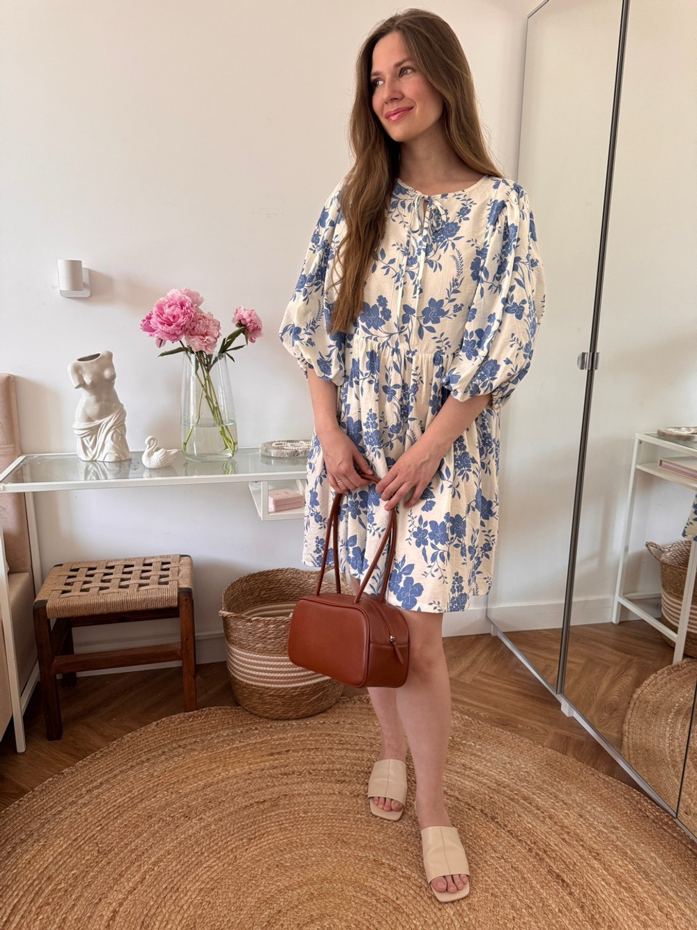 Платье Мари-мини для беременных и кормящих, Кремовый с синими цветами