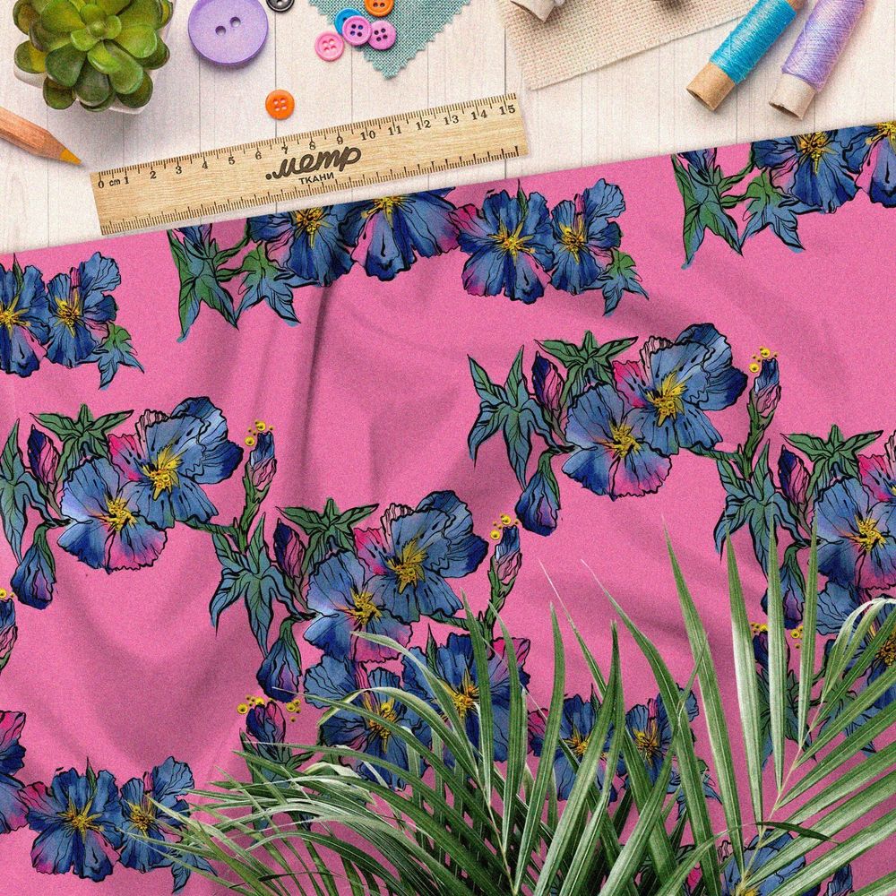 Ткань атлас синяя цветочная вышивка