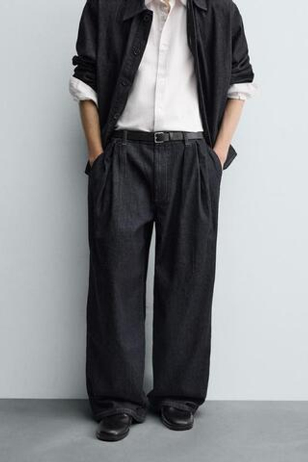 ZARA ДЖИНСЫ WIDE-LEG СО СКЛАДКАМИ, МОРСКОЙ СИНИЙ