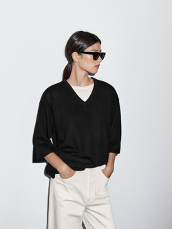 Massimo Dutti Свитер из смесовой шерсти с V-образным вырезом, черный