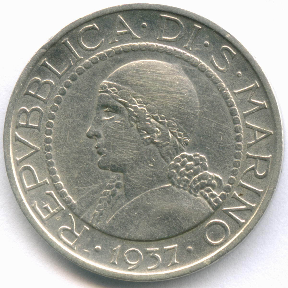 5 лир 1937 год. Сан-Марино. Серебро VF