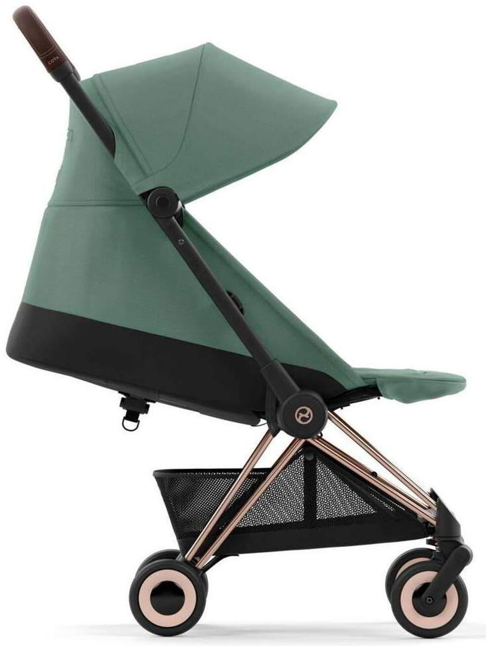 Коляска Cybex Coya Rosegold Frame Cloud T i-Size Peach Pink Plus Leaf Green с дождевиком и бампером