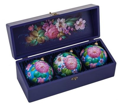 Zhostovo Christmas balls in wooden box - set of 3 balls SET04D03102019002