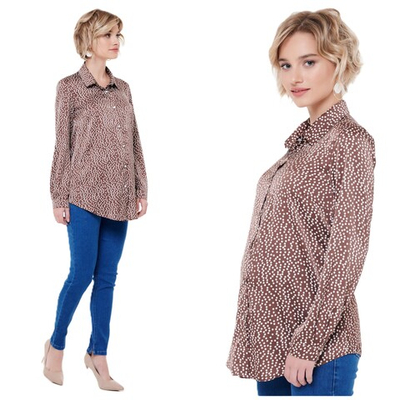 Блуза для беременных и кормящих с длинным рукавом на пуговицах коричневая в горох, размер 54