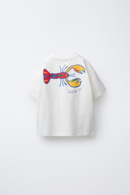 ZARA ФУТБОЛКА С ВЫШИВКОЙ ЛАНГУСТА, ЭКРЮ