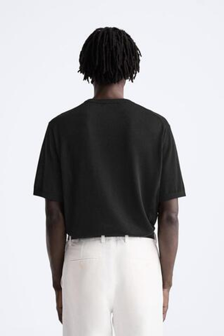 ZARA ТРИКОТАЖНАЯ ФУТБОЛКА ИЗ ХЛОПКА И ШЕЛКА, ЧЕРНЫЙ