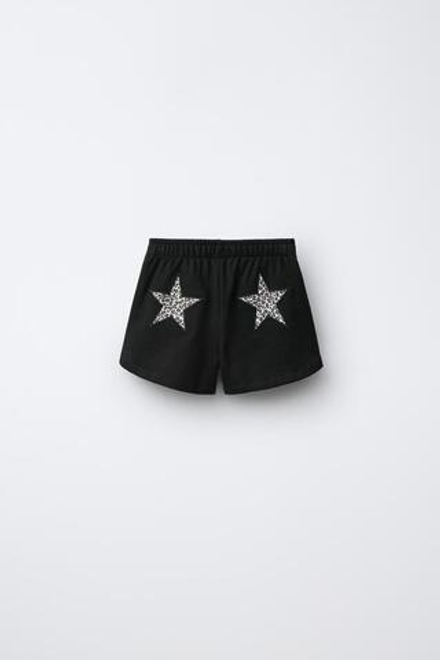 ZARA ШОРТЫ ИЗ МЯГКОЙ ТКАНИ С НАШИВКОЙ «ЗВЕЗДА», ЧЕРНЫЙ