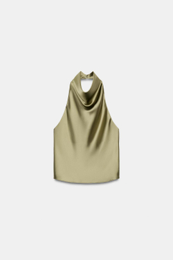 ZARA АТЛАСНЫЙ ТОП С ГОРЛОВИНОЙ ХАЛТЕР, СВЕТЛЫЙ ХАКИ