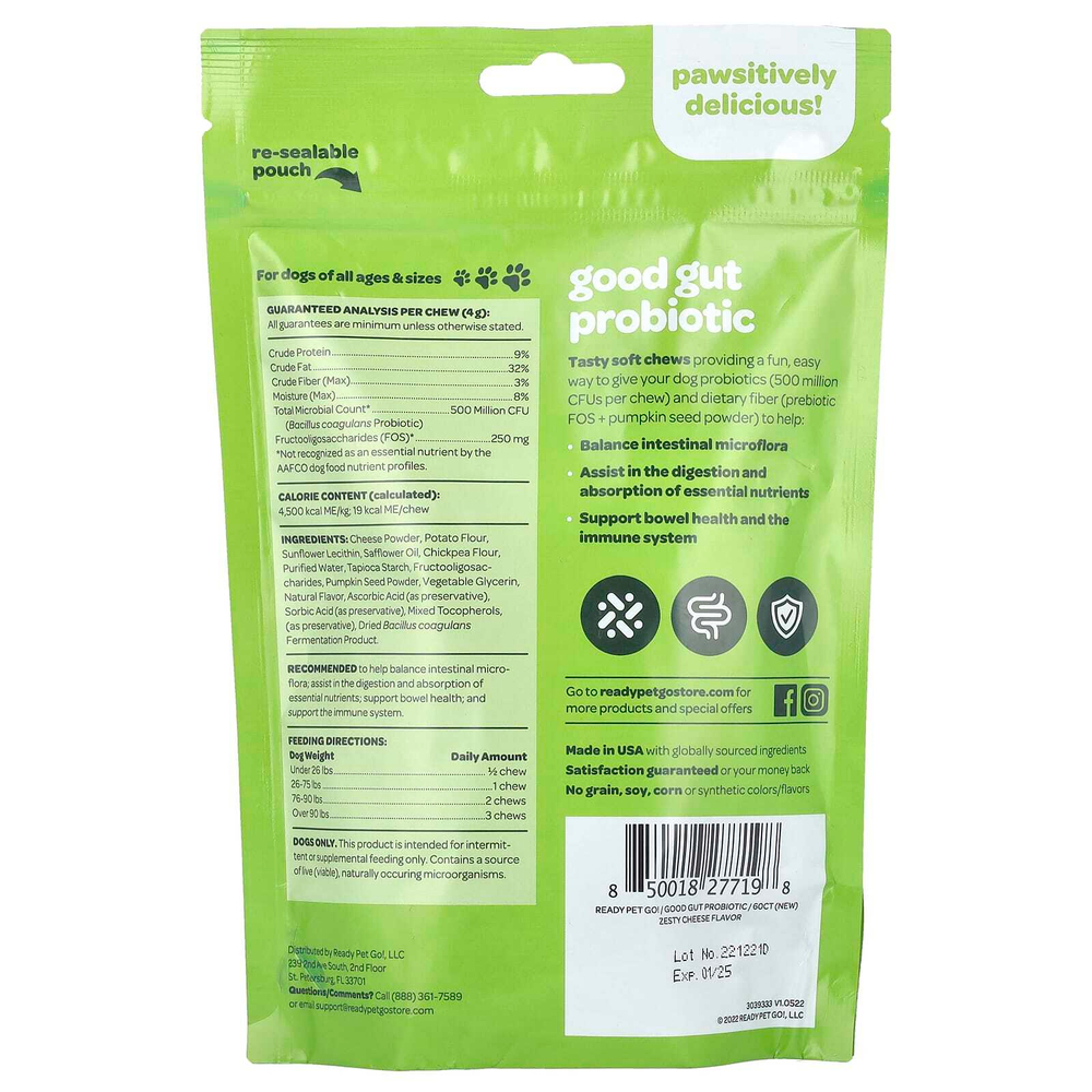Ready Pet Go, Полезный пробиотик для кишечника, для собак, для всех возрастов, пикантный сыр, 60 жевательных таблеток, 240 г (8,5 унции)
