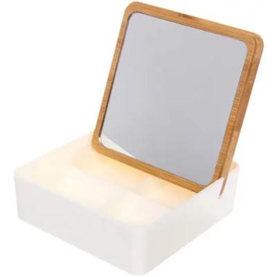 Зеркало настольное - органайзер с бамбуковой крышкой «БРАМИНГЕМ», цвет белый, 15*15,5см (коробка)