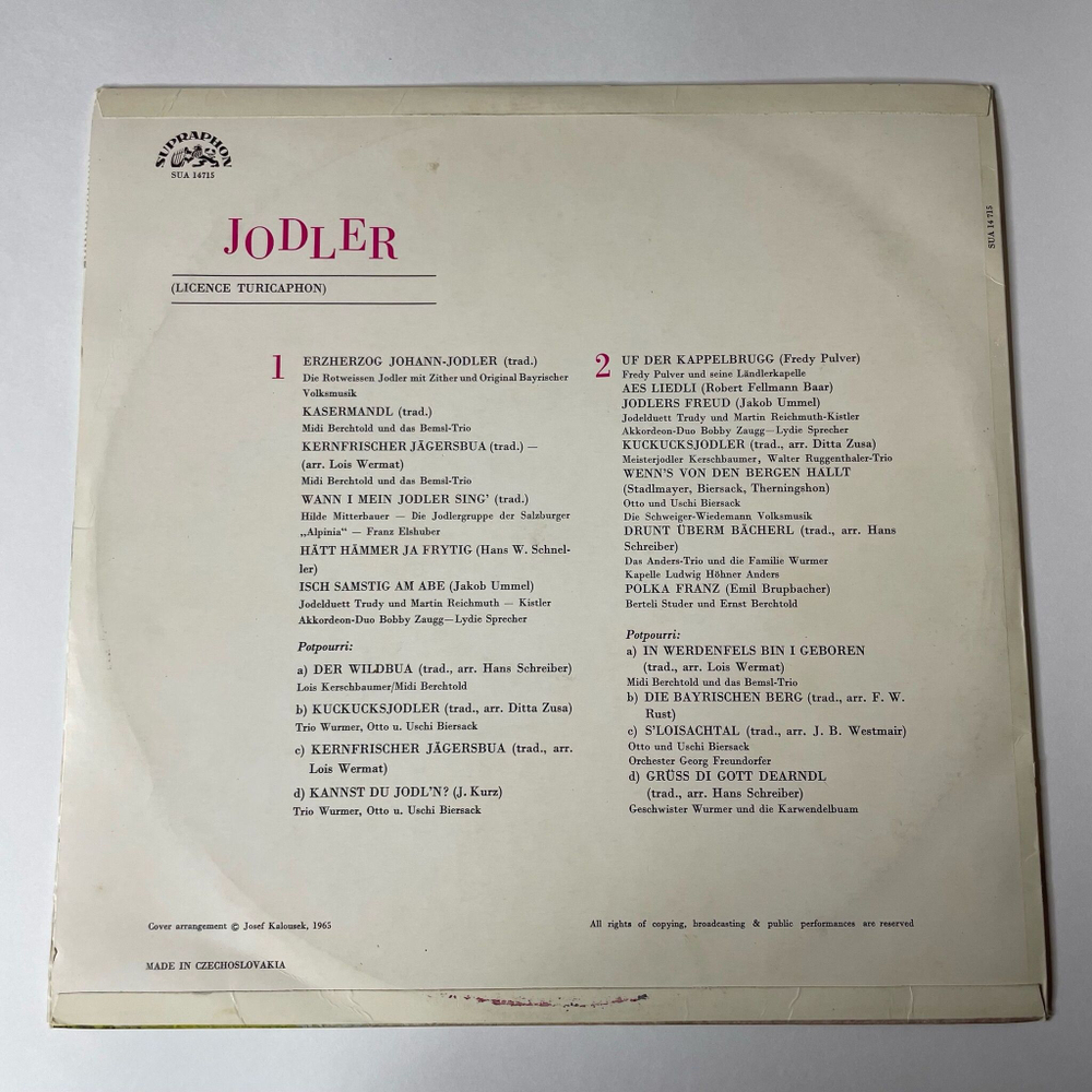 Винтажная виниловая пластинка LP Jodler Йодль 20 Тирольских Песен (Чехословакия 1966)