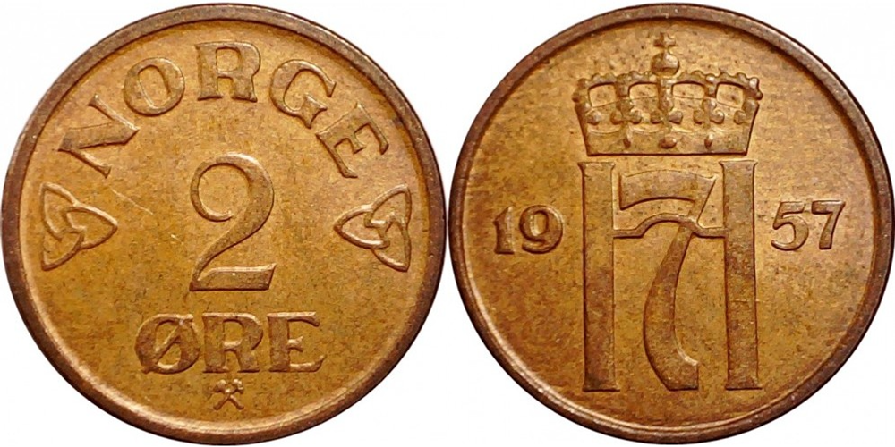 Норвегия 2 эре, 1952 - 1957 Король Хокон VII XF