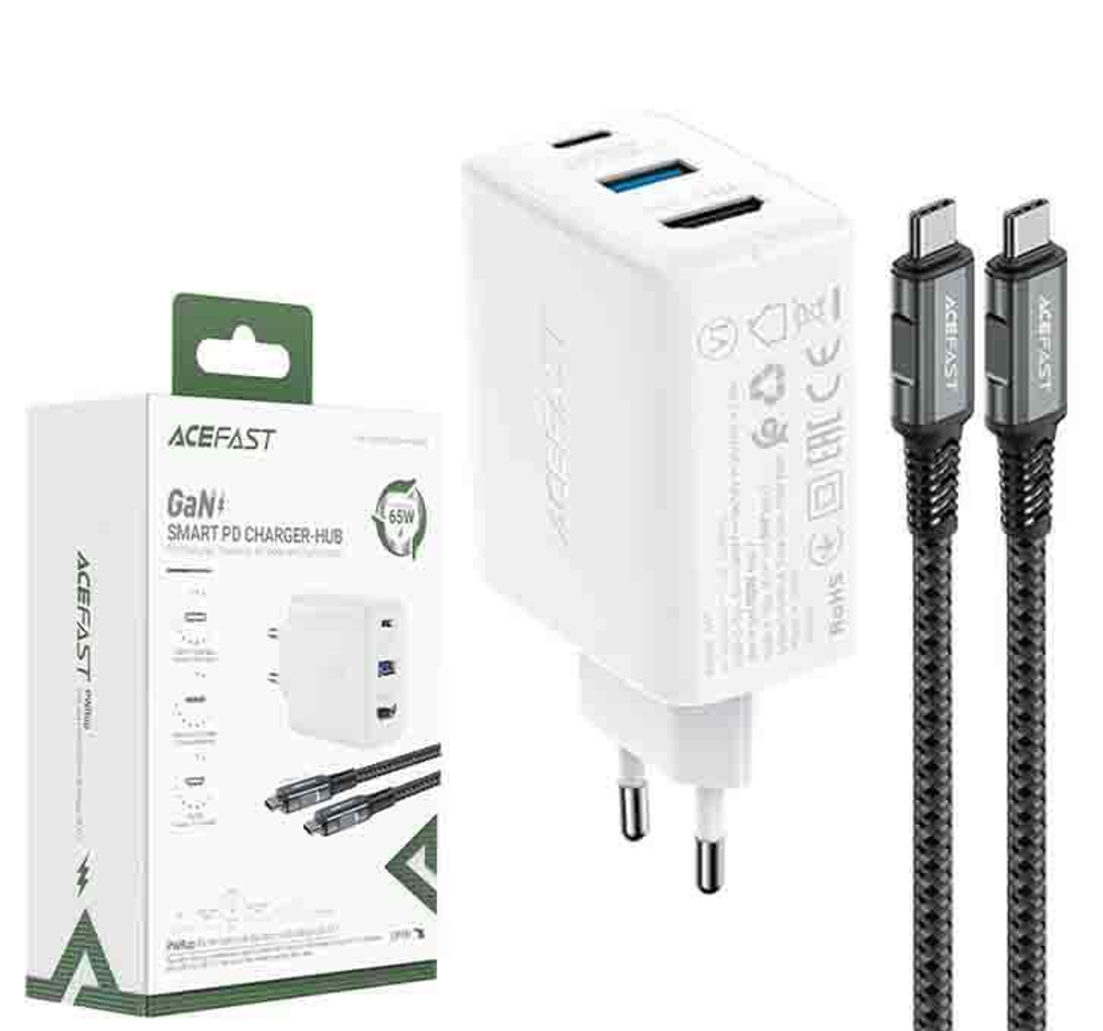 Сетевой адаптер питания ACEFAST A17 USB-C/USB/4K/HD 65W + кабель Type-C - Type-C (белый)