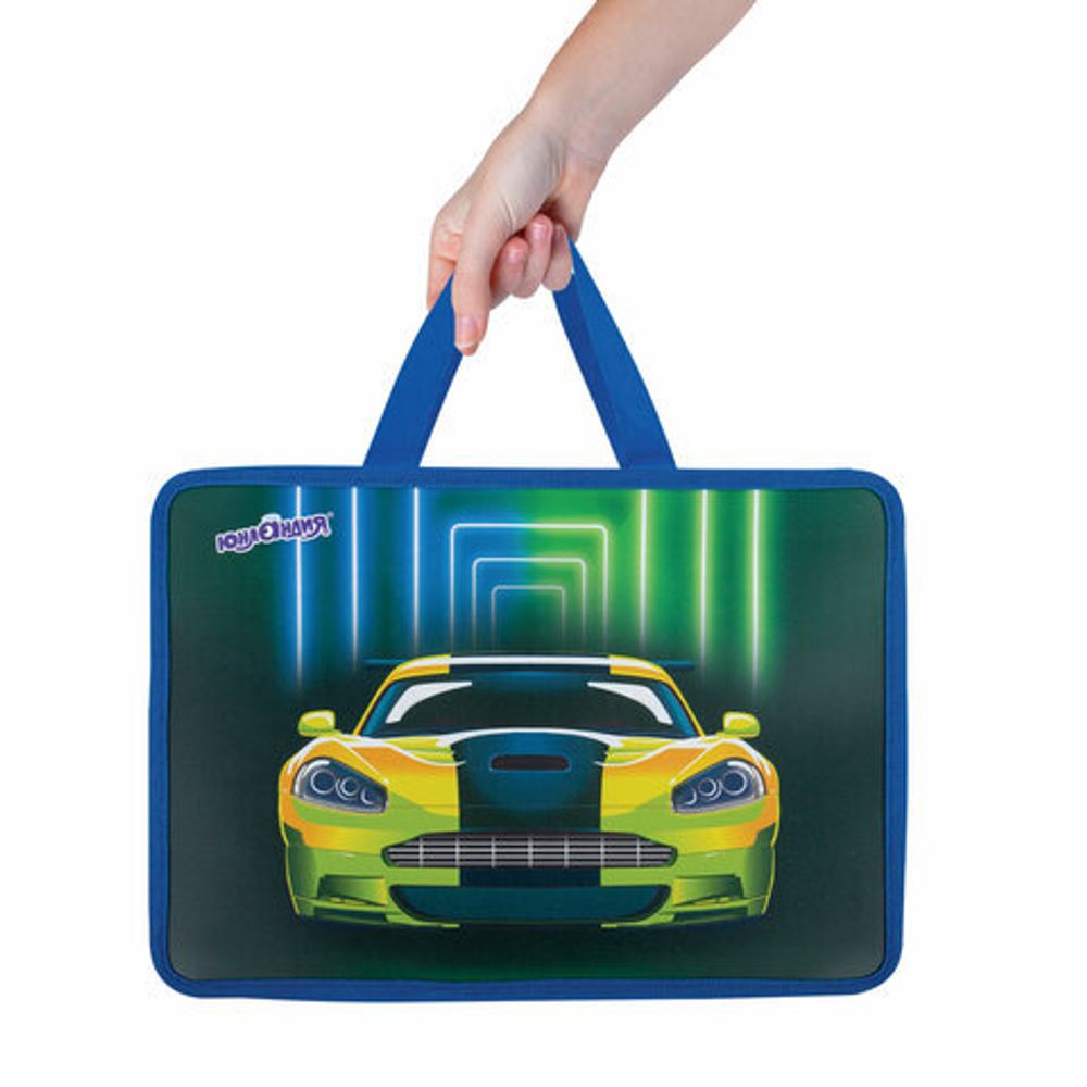 Папка на молнии с ручками ЮНЛАНДИЯ А4, 1 отделение, пластик, 80 мм, "Neon car", 272160
