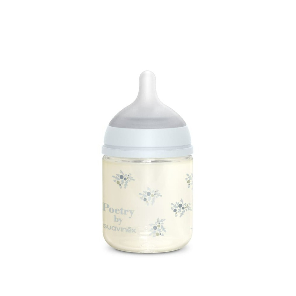 Стеклянная бутылочка для кормления Suavinex Poetry SX PRO 120 мл, медленный поток, 0+ мес, голубая