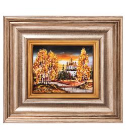 AMB-04/12 Картина «Церковь в лесу» (с янтарной крошкой) L-18см