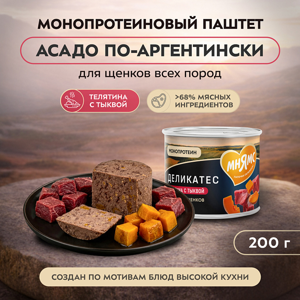 Влажный корм консервы для щенков всех пород Деликатес "Асадо по-аргентински" паштет из телятины с тыквой Мнямс 0,2кг 12 шт