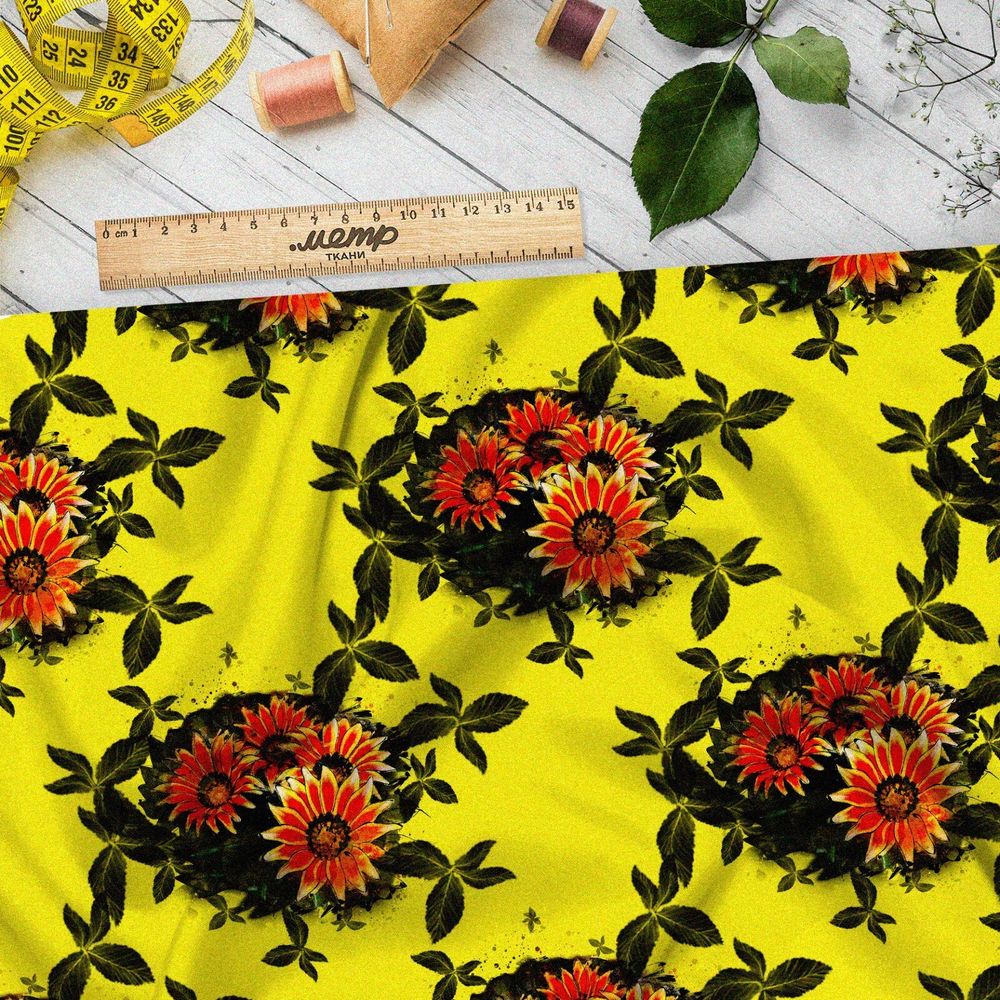 Ткань таффета цветы герберы