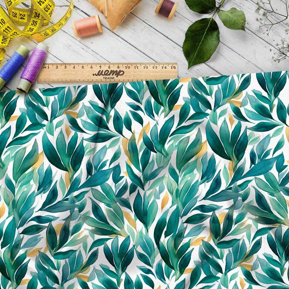 Ткань премиум сатин зеленые акварельные листья