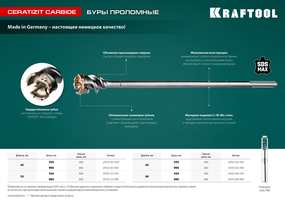 KRAFTOOL d 80 х 890/990 мм, SDS-max проломной бур (29355-80-990)