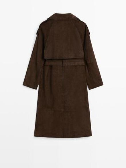 Massimo Dutti Длинный тренч из замши, коричневый