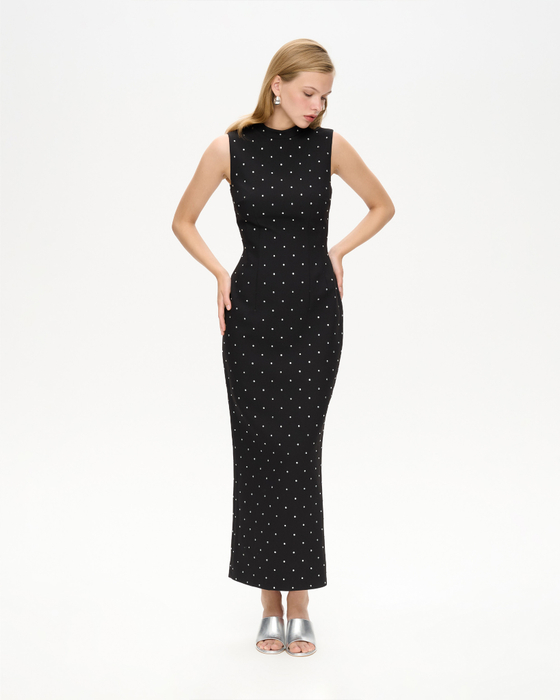 Платье миди с открытой спиной из костюмной ткани со стразами
