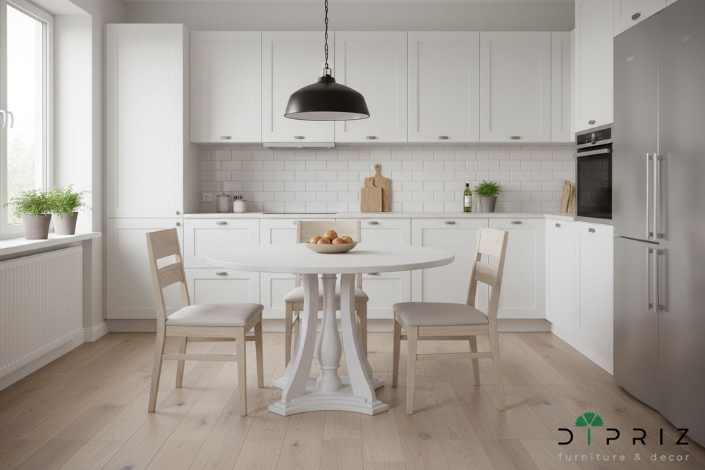 Стол кухонный, 100х100х75, Эванс, обеденный, круглый, из массива дерева, серый, Dipriz