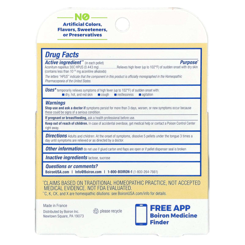 Boiron, аконитум, средство от лихорадки, гранулы для рассасывания, 30C, 3 упаковки по 80 гранул