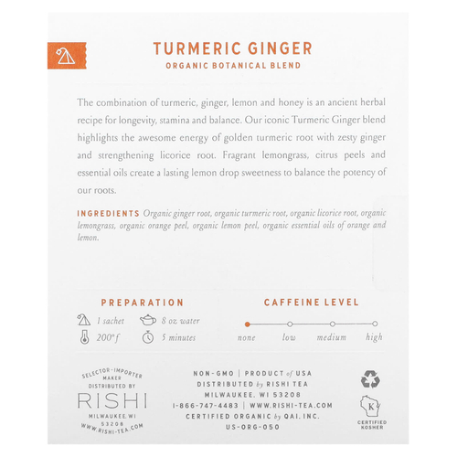 Rishi Tea, органический чай с куркумой и имбирём, без кофеина, 15 пакетиков, 46,5 г (1,64 унции)