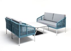 "Канны" лаунж-зона 4-местная из роупа со столом "Гранада" (молочный), каркас алюминиевый светло-серый, роуп бирюзовый